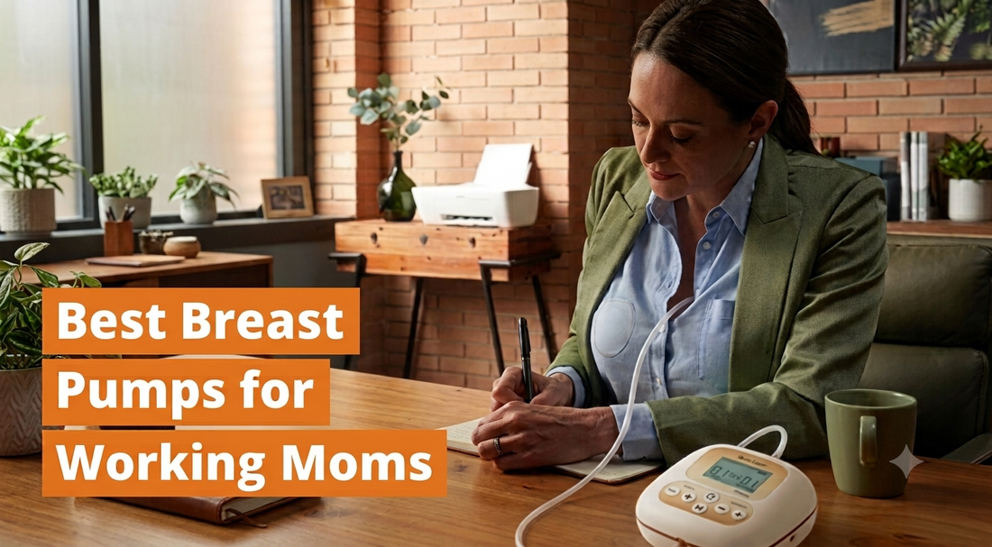 Working mom using an electric breast pump at her desk in office