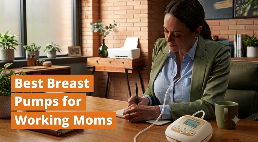 Working mom using an electric breast pump at her desk in office