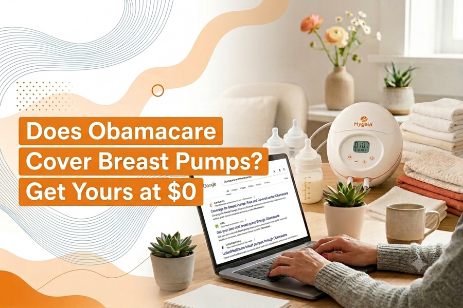 Hygeia breast pump beside a laptop showing Obamacare coverage search results