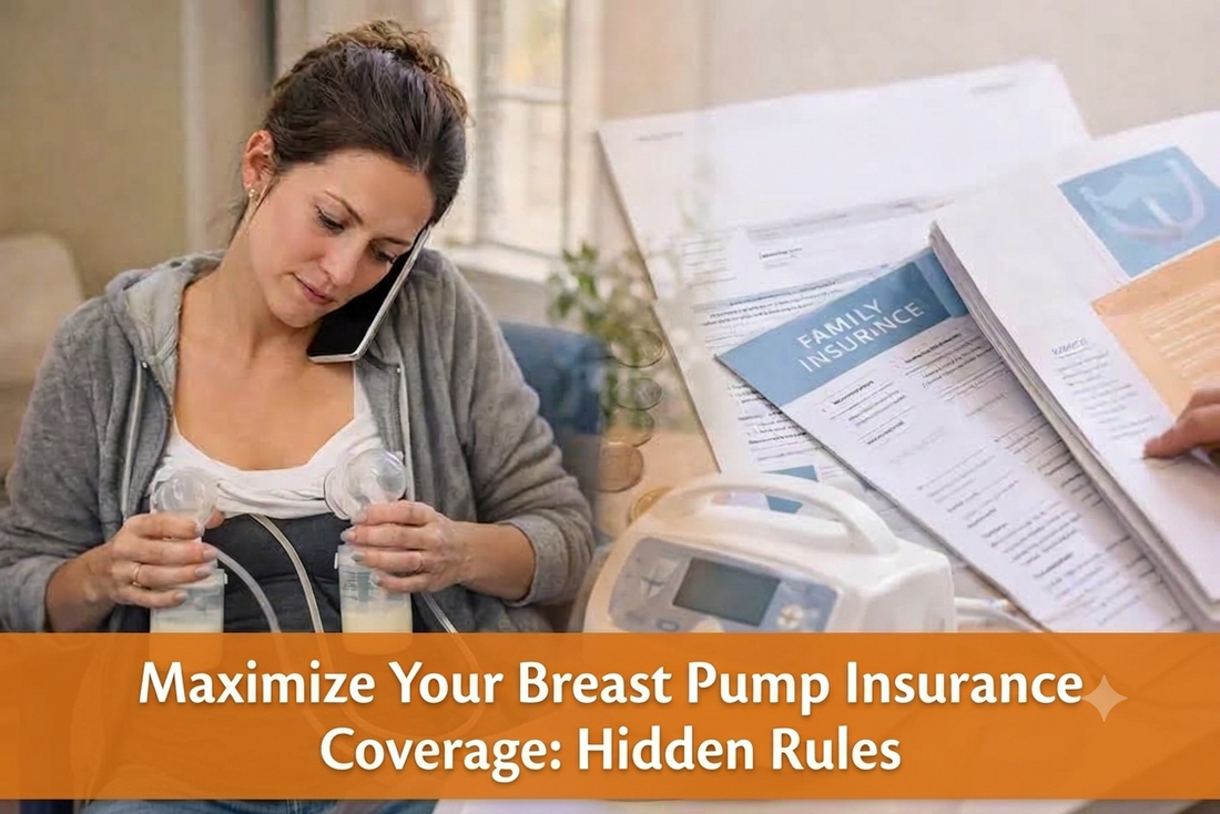 Mom calling her insurance provider about breast pump coverage while pumping at home