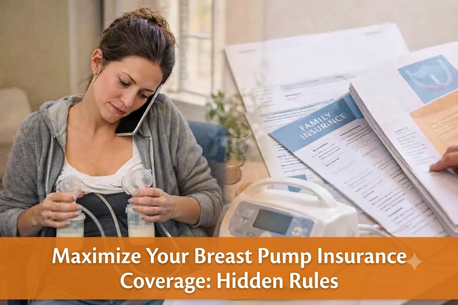 Mom calling her insurance provider about breast pump coverage while pumping at home