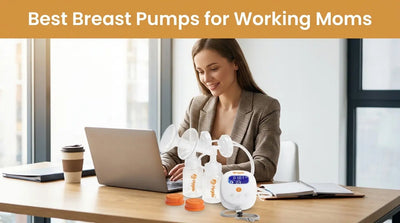 Working mom using an electric breast pump while working on laptop at office desk