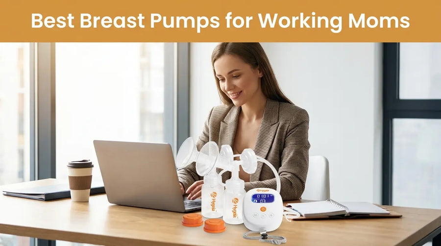 Working mom using an electric breast pump while working on laptop at office desk