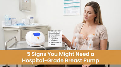 Mother using a hospital-grade breast pump in a clinical setting showing signs like low milk supply, preemie baby, and medical needs