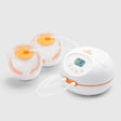 Hygeia Express cordless wearable breast pump kit with dual collection cups, motor unit with 5-speed control, and orange accent detailing
