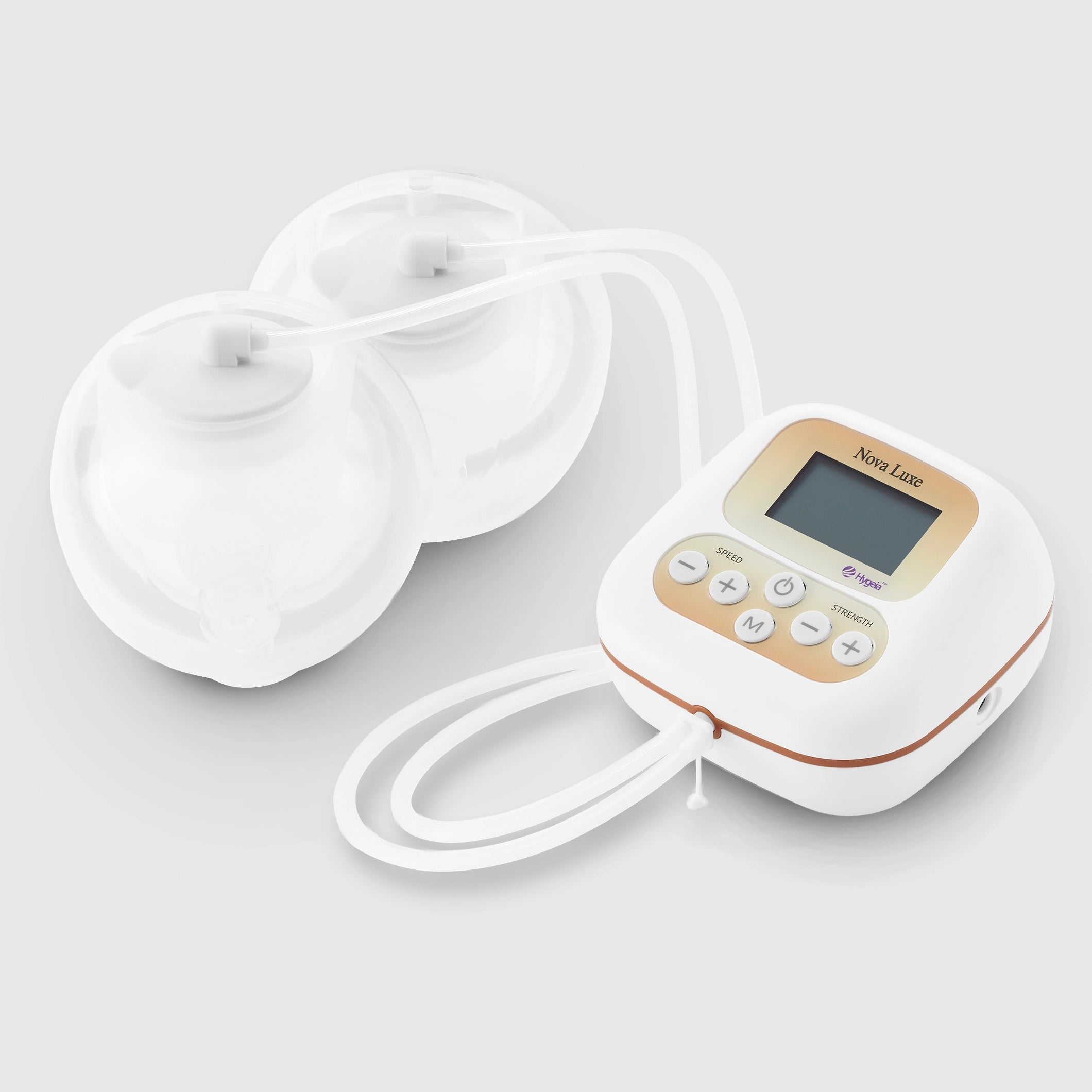 Hygeia Nova Luxe electric breast pump with dual collection cups, cordless motor unit with gold control panel, and white tubing on neutral background