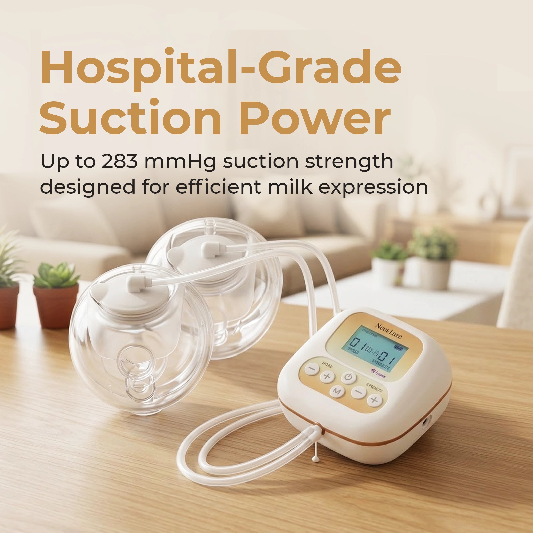 Hygeia Nova Luxe hospital-grade breast pump displayed on wooden desk in modern home office with 283 mmHg suction power for efficient milk expression