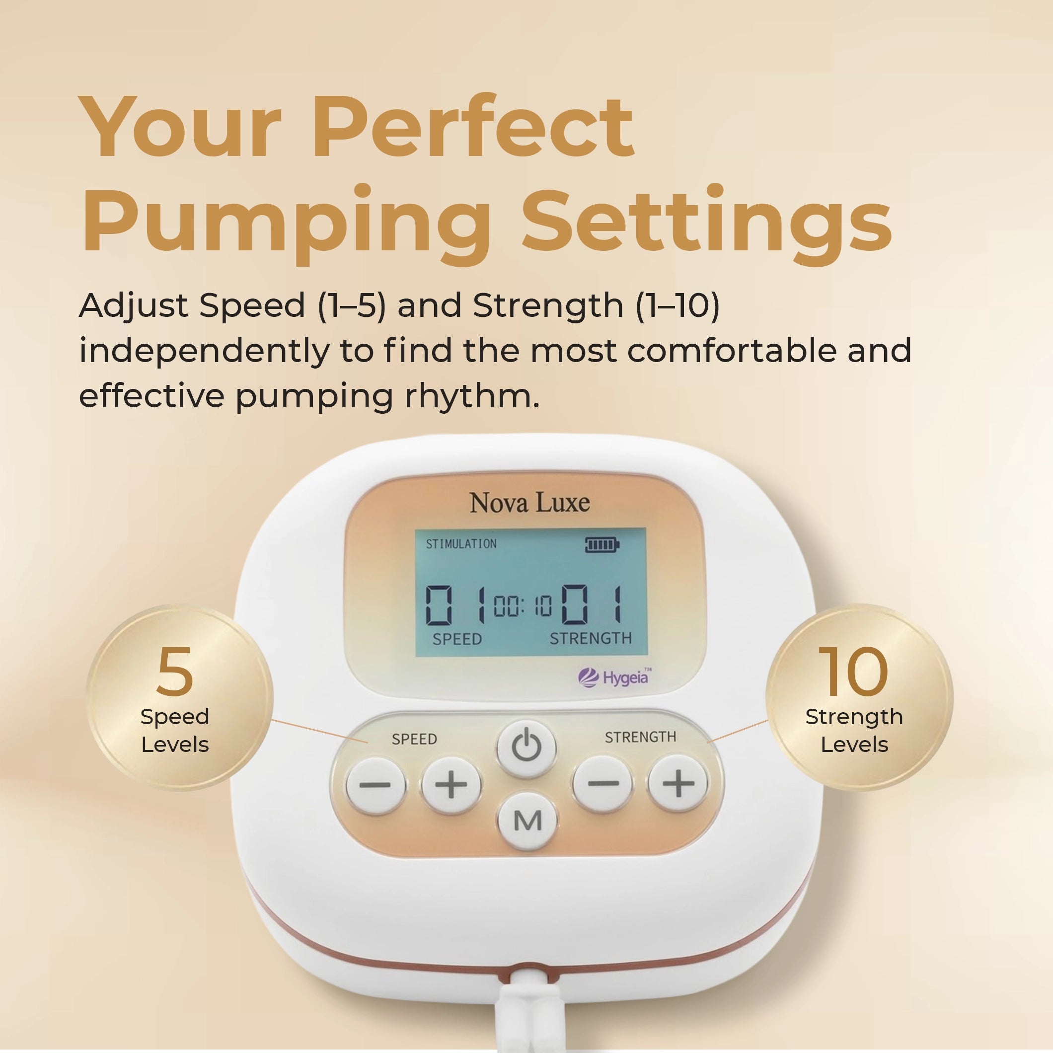 Hygeia Nova Luxe hospital-grade breast pump displayed on wooden desk in modern home office with 283 mmHg suction power for efficient milk expression