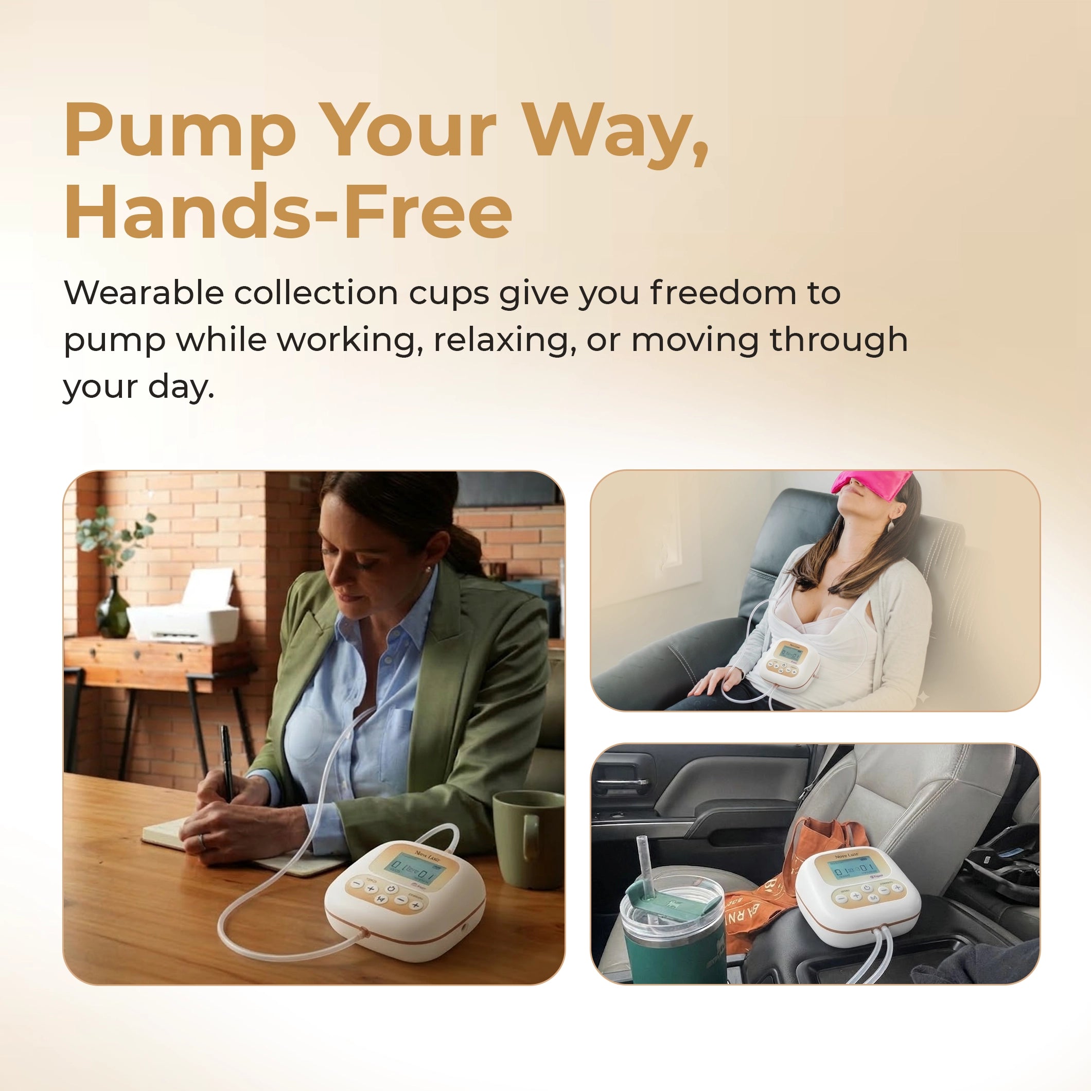 Mother using Hygeia Nova Luxe wearable breast pump hands-free while working at home office desk with pump connected via tubing